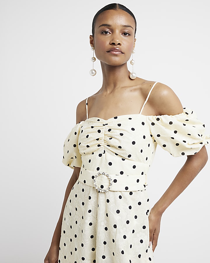 Yellow spot puff sleeve bodycon midi dress