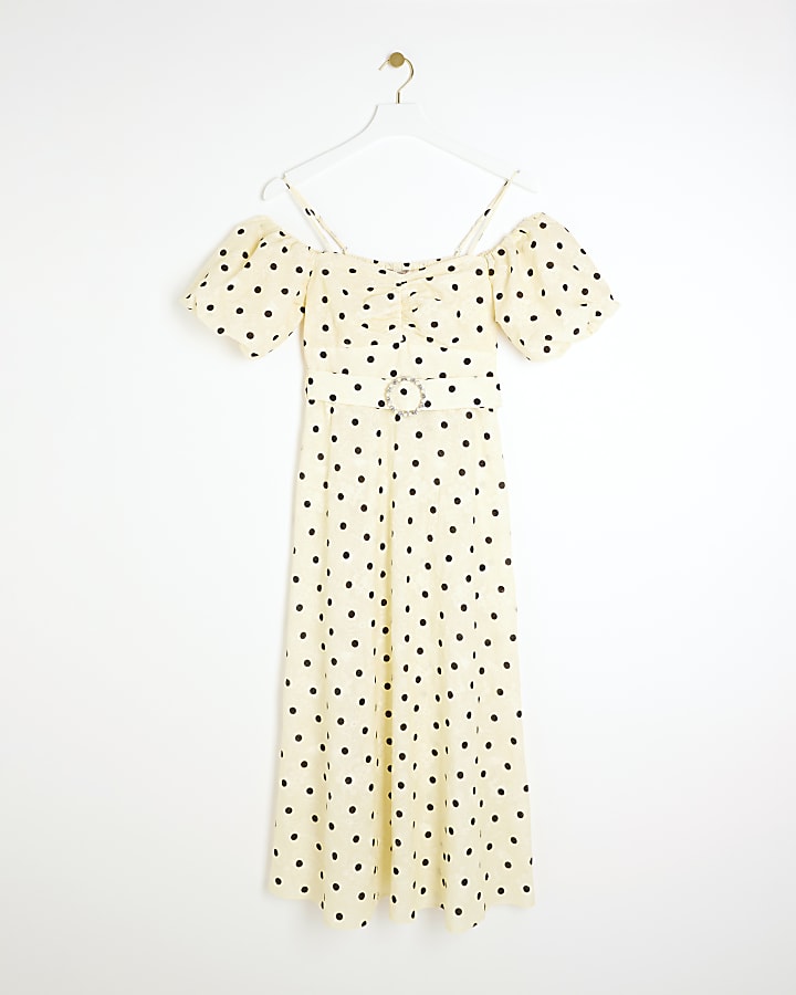 Yellow spot puff sleeve bodycon midi dress