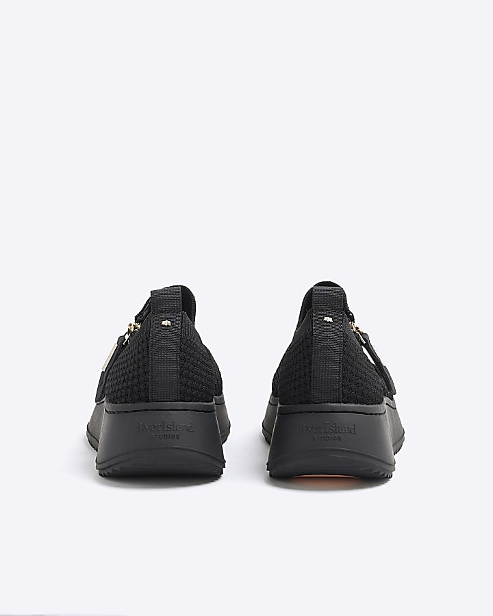 Black Knitted Slip On Wedge Trainers