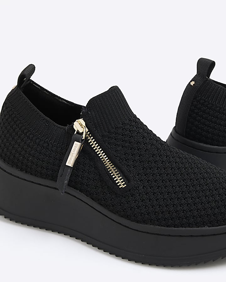 Black Knitted Slip On Wedge Trainers