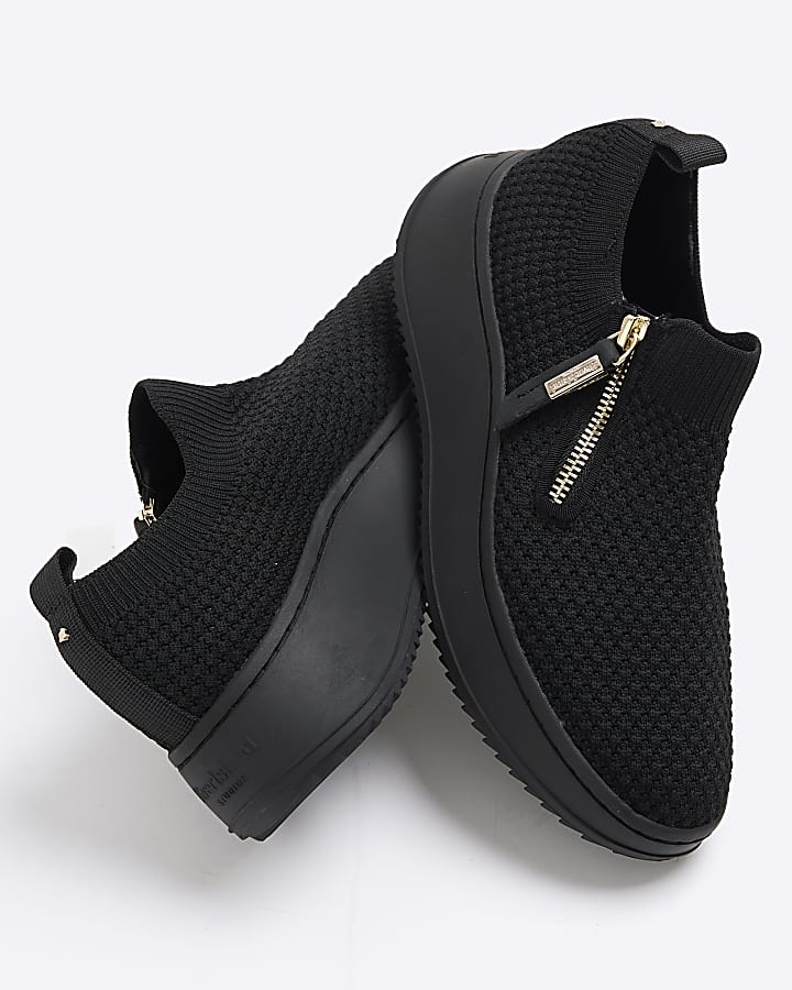 Black Knitted Slip On Wedge Trainers