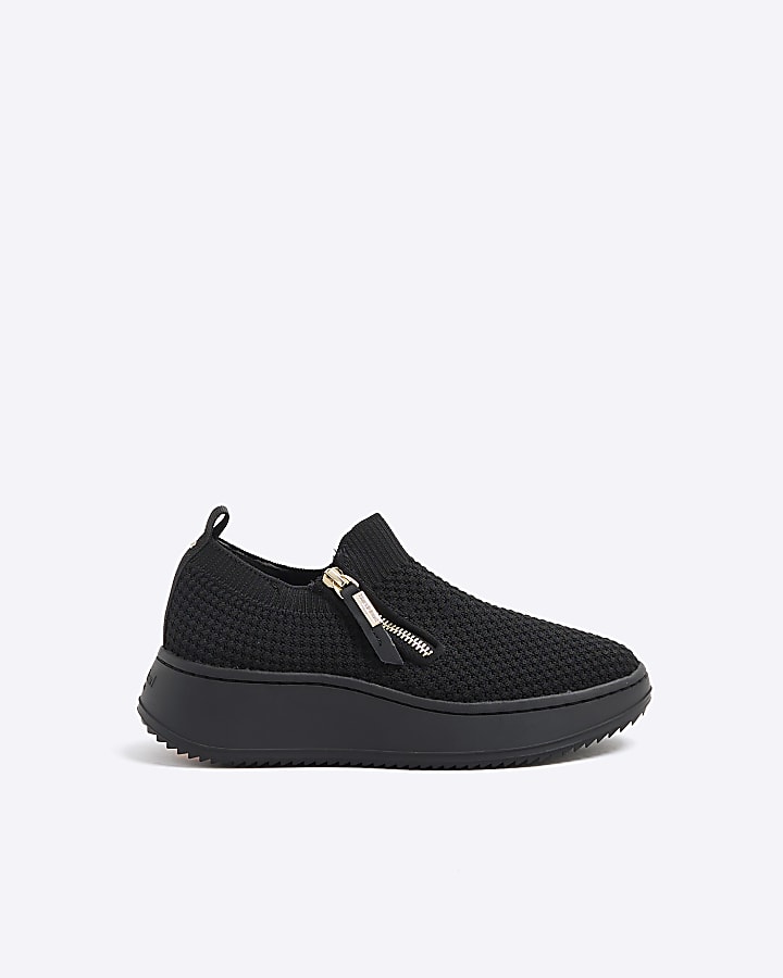 Black Knitted Slip On Wedge Trainers