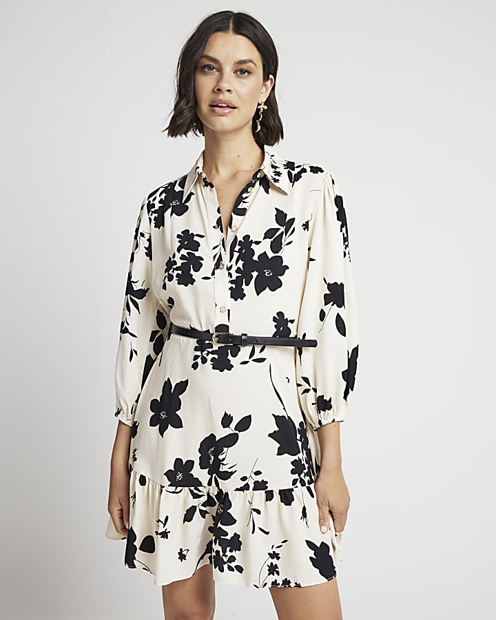 Cream floral belted mini shirt dress