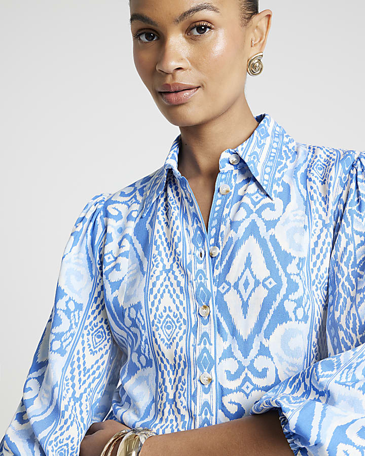 Blue geometric print belted mini shirt dress