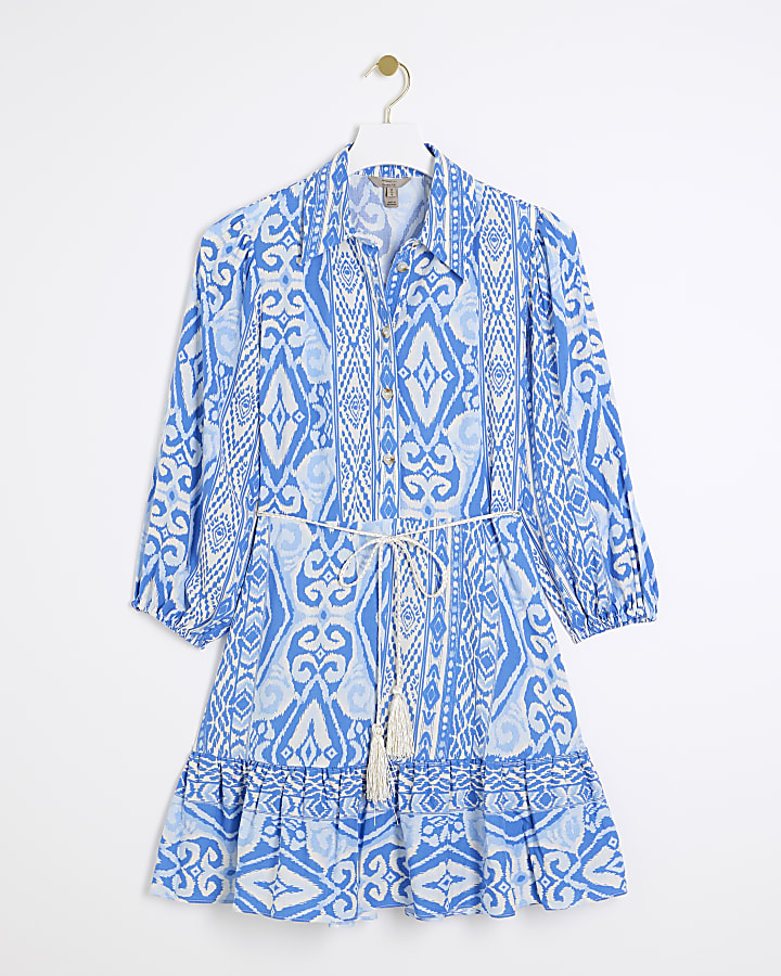 Blue geometric print belted mini shirt dress