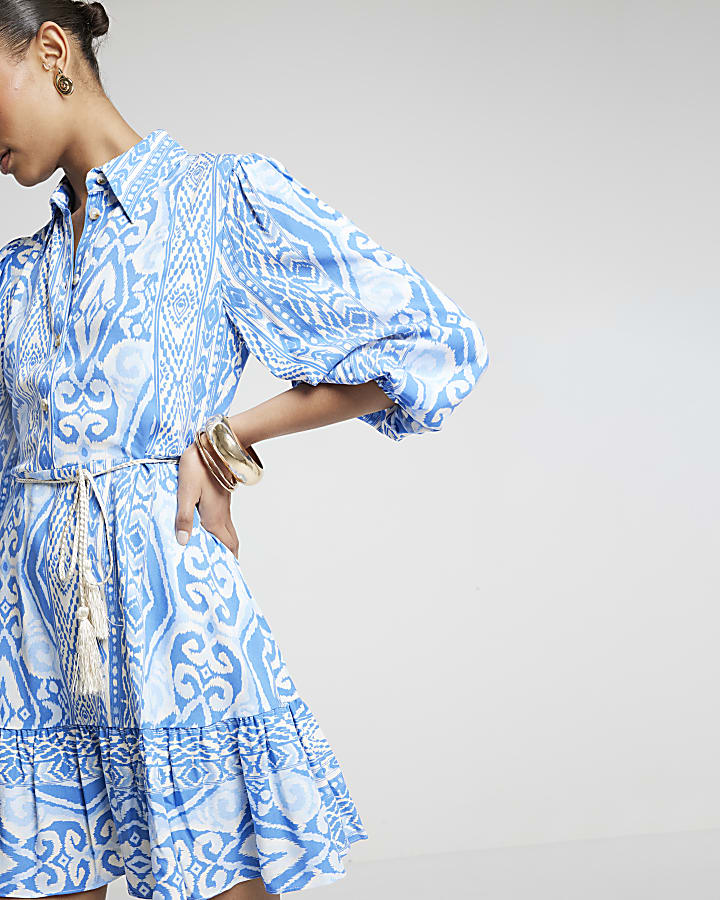 Blue geometric print belted mini shirt dress