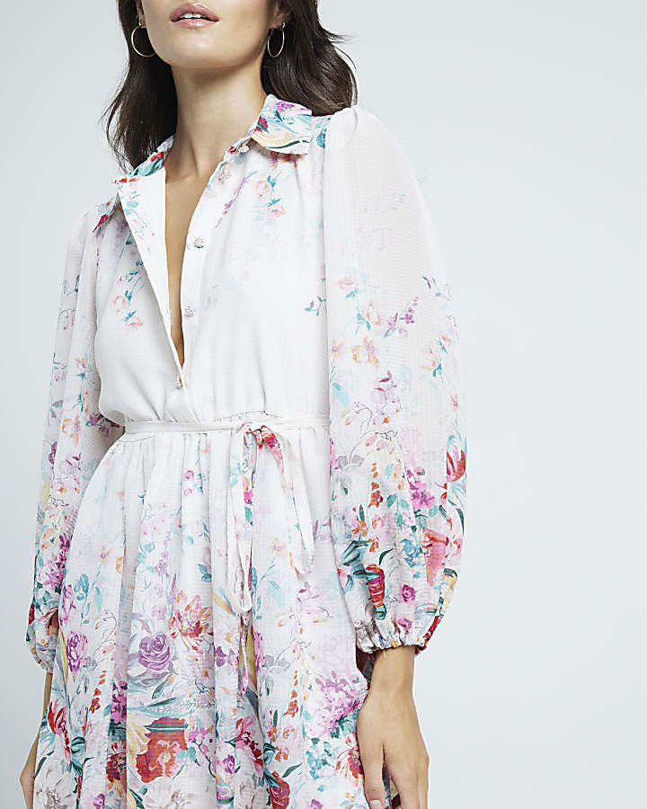 White chiffon floral belted mini shirt dress