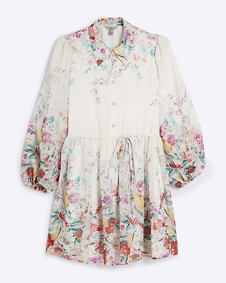 White chiffon floral belted mini shirt dress