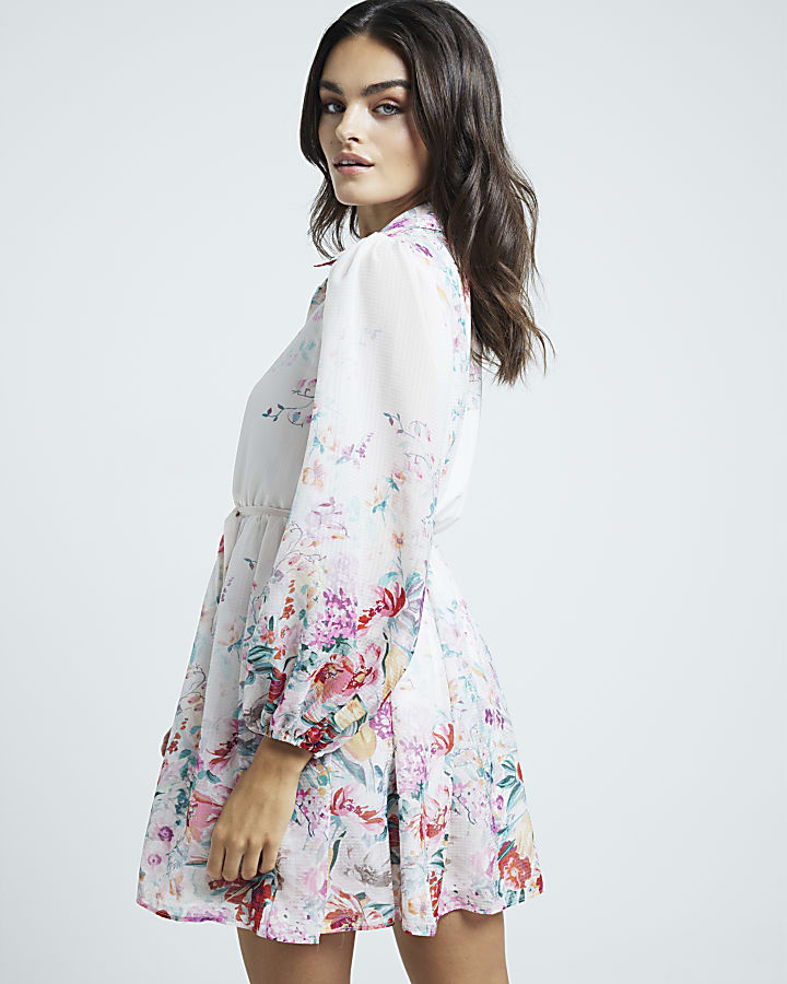 White chiffon floral belted mini shirt dress