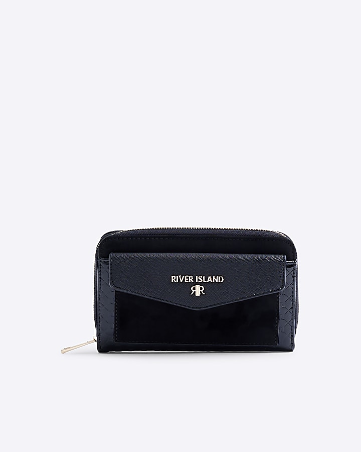 Black embossed monogram envelope purse River Island