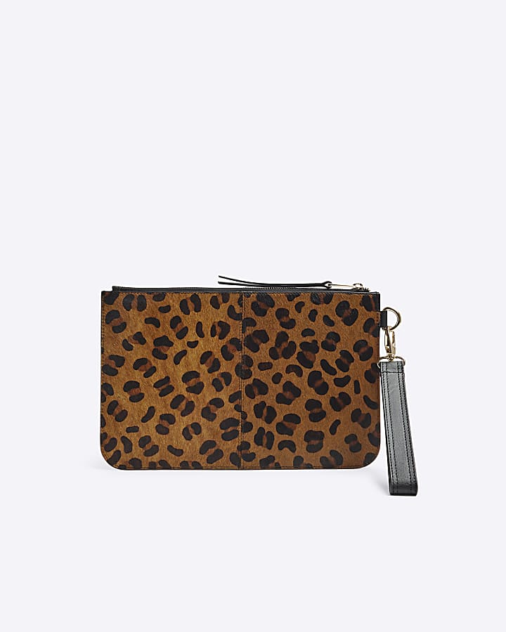 Brown Leather Leopard print Pouch