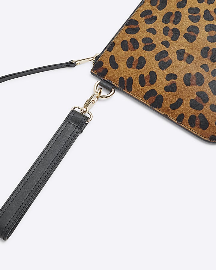 Brown Leather Leopard print Pouch