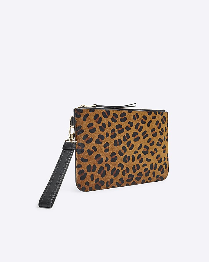 Brown Leather Leopard print Pouch