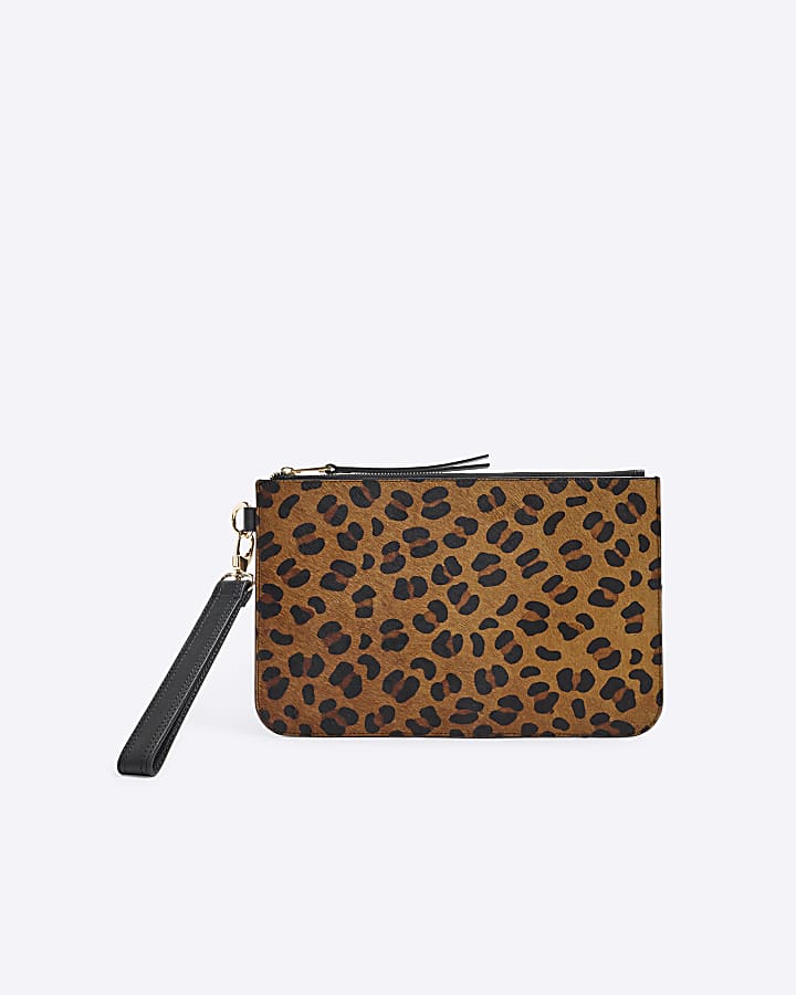 Brown Leather Leopard print Pouch