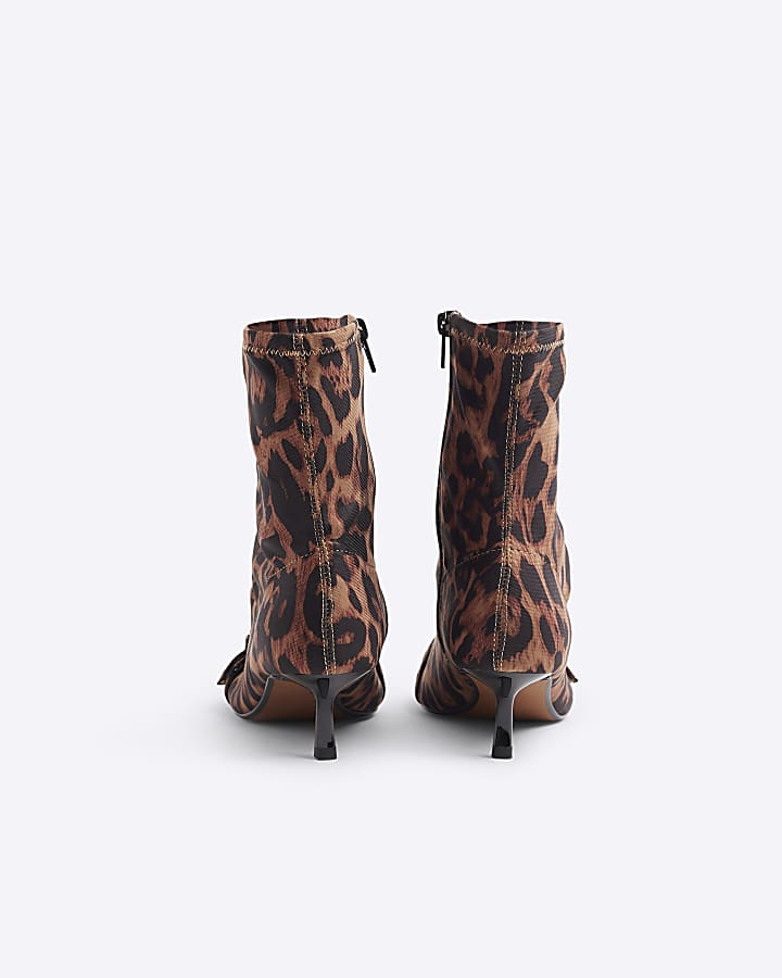 Beige Leopard Buckle Sock Kitten Heel Boots