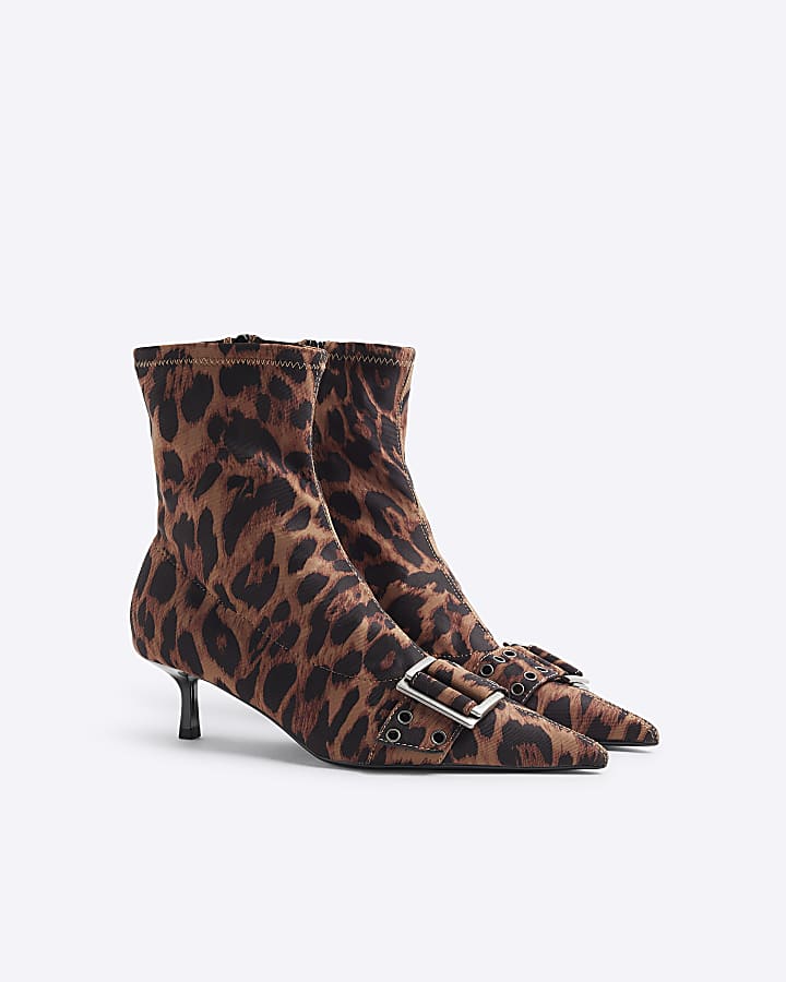 Beige Leopard Buckle Sock Kitten Heel Boots