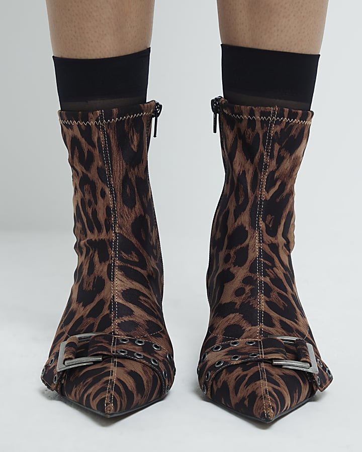 Beige Leopard Buckle Sock Kitten Heel Boots River Island