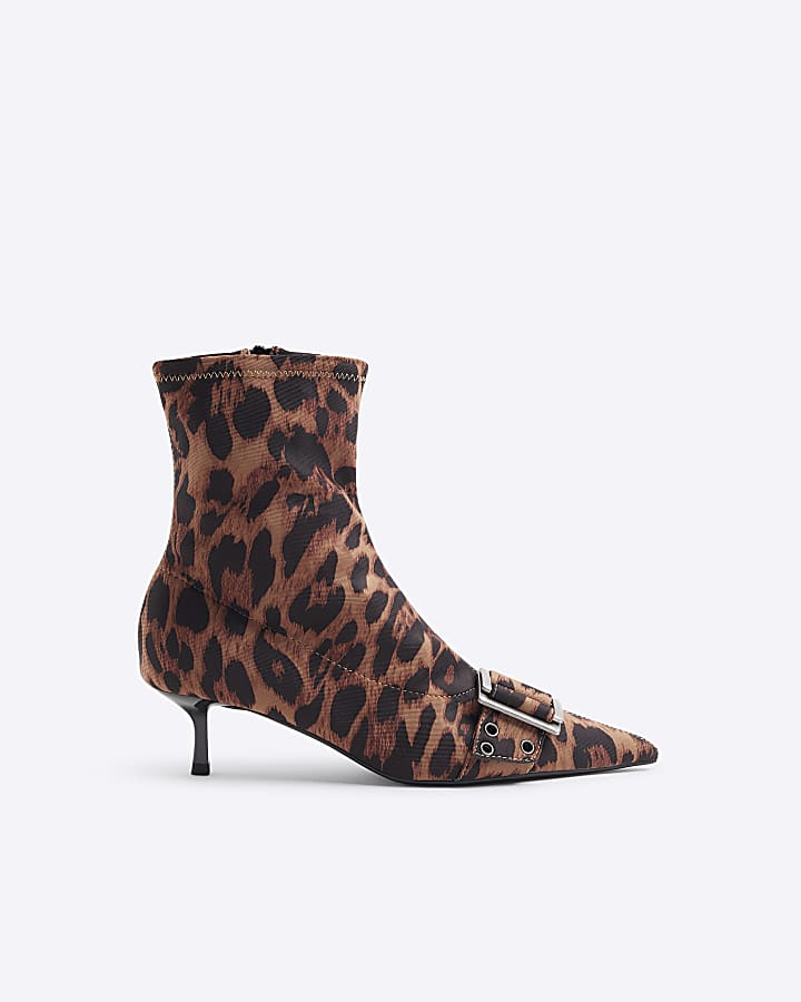 Beige Leopard Buckle Sock Kitten Heel Boots