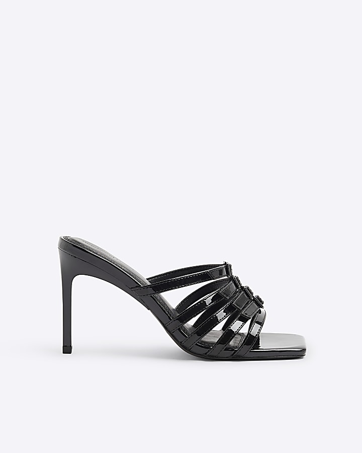 Black Buckle Mule Heeled Sandals