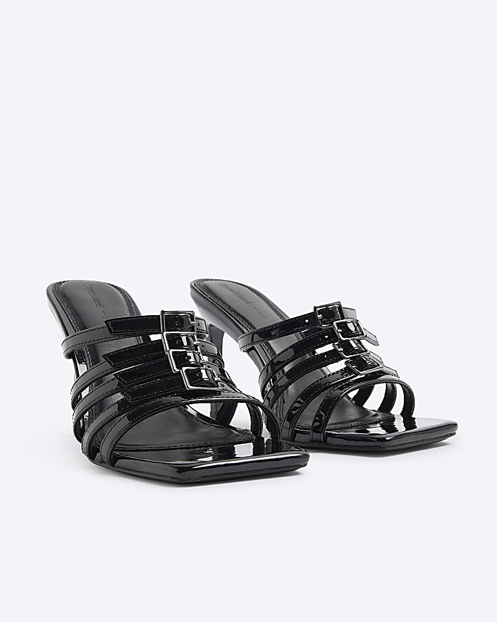 Black Buckle Mule Heeled Sandals