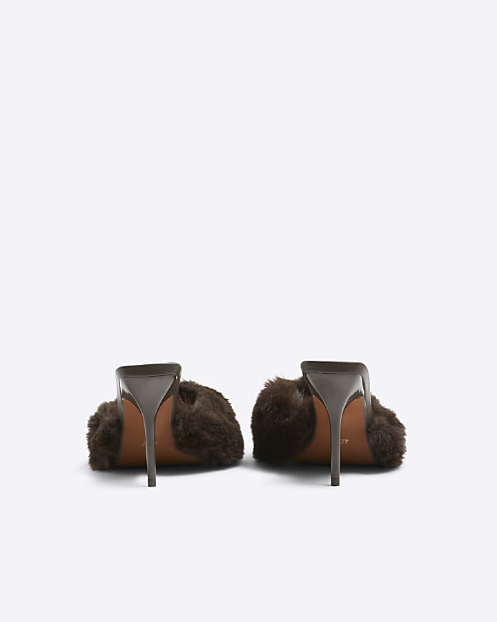 Brown Faux Fur Heeled Mules