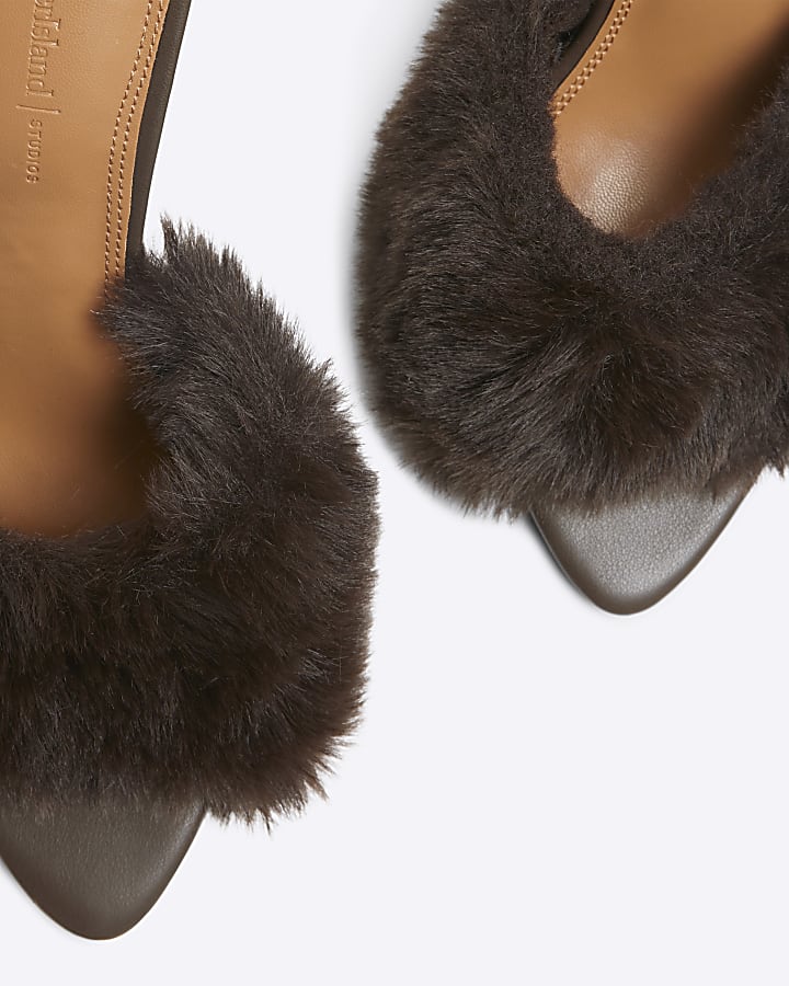 Brown Faux Fur Heeled Mules