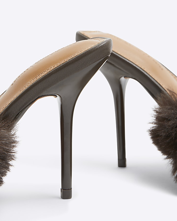 Brown Faux Fur Heeled Mules
