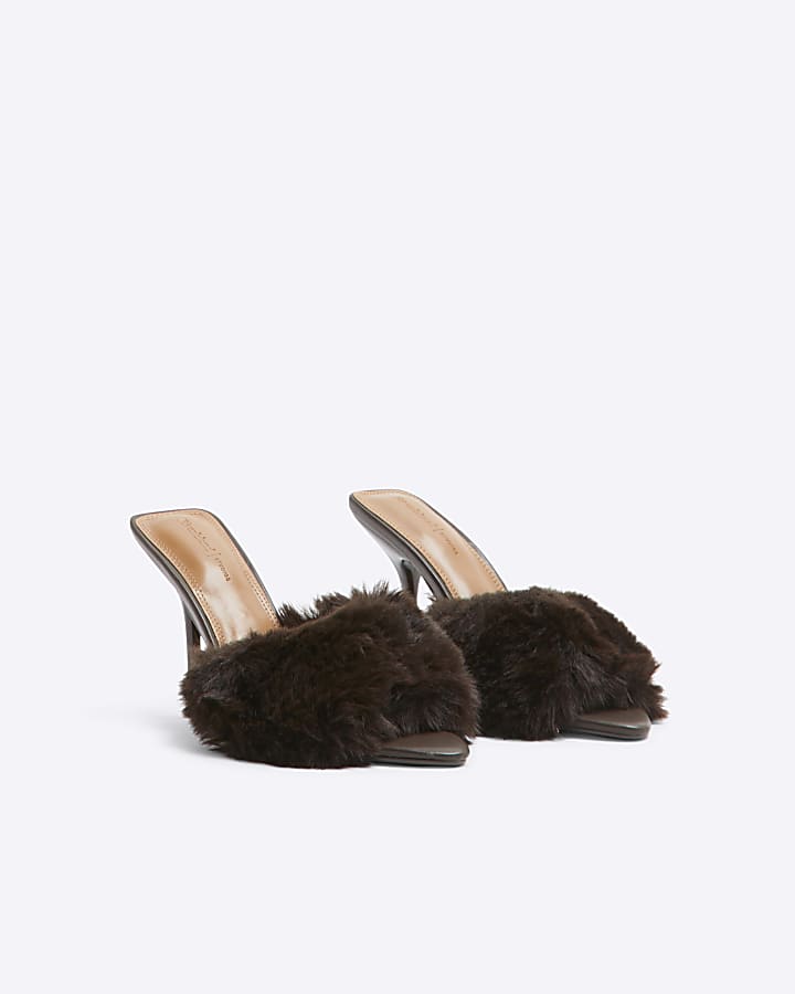 Brown Faux Fur Heeled Mules