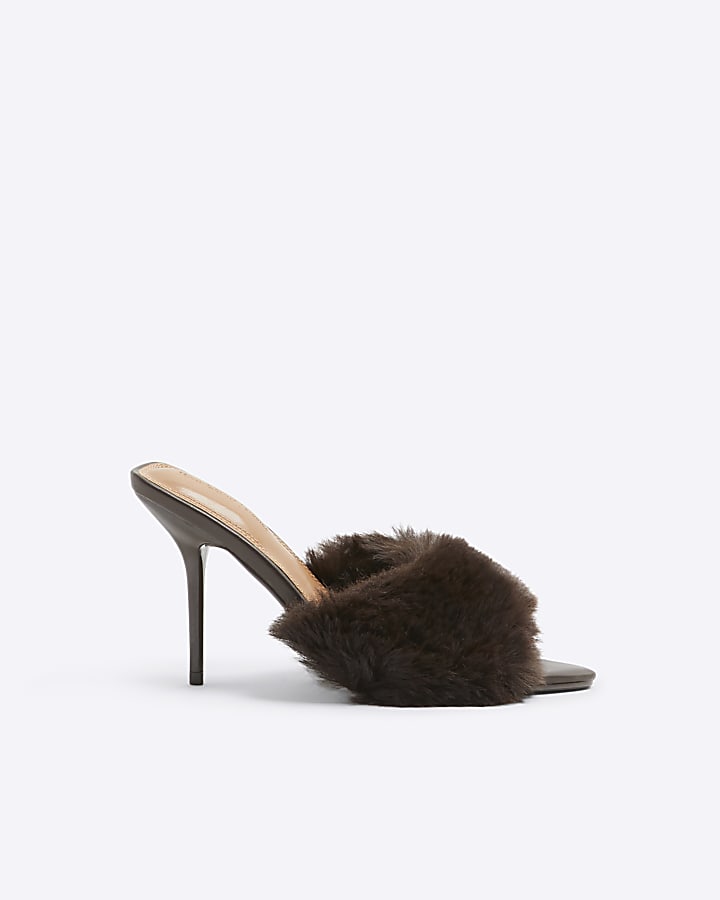 Brown Faux Fur Heeled Mules