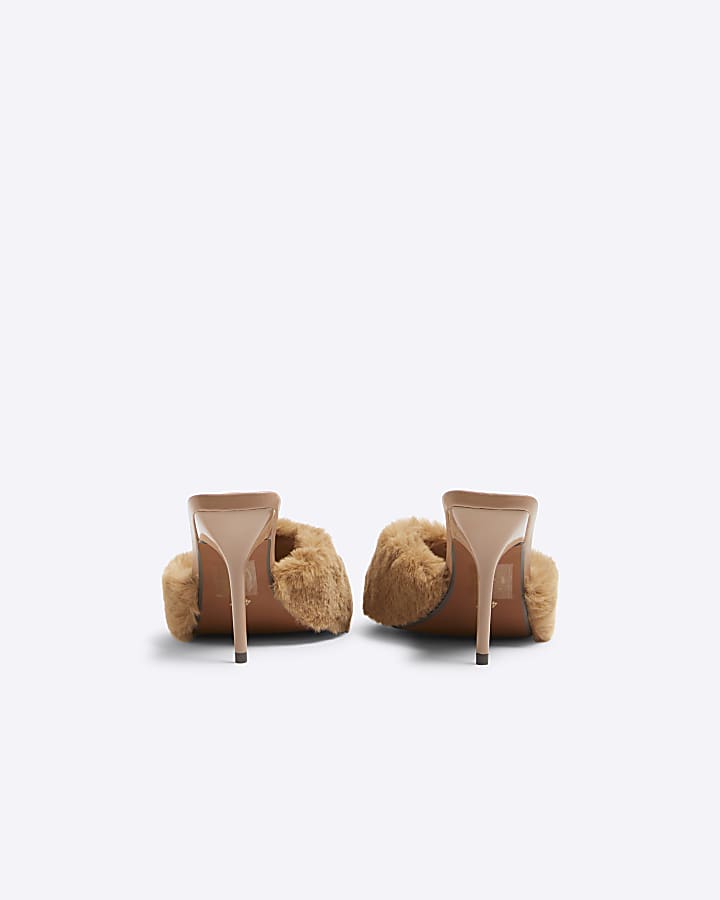 Beige Faux Fur Heeled Mules