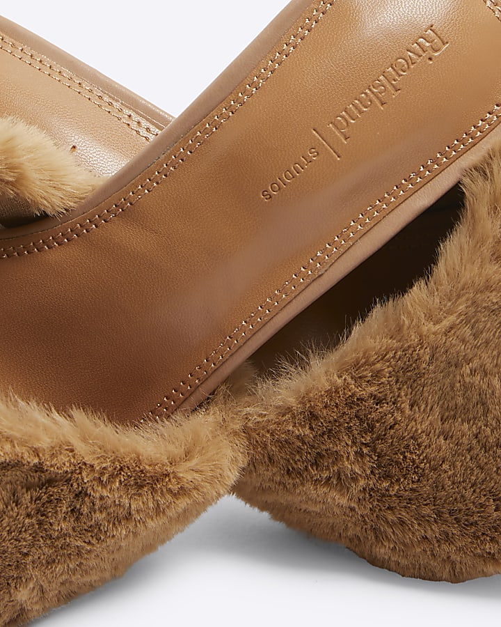 Beige Faux Fur Heeled Mules