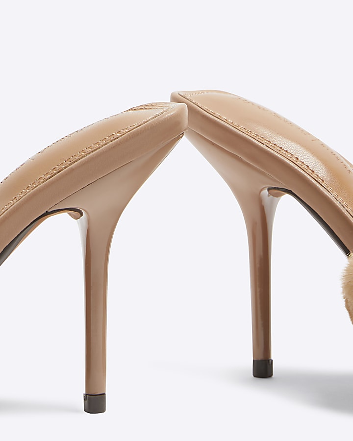 Beige Faux Fur Heeled Mules