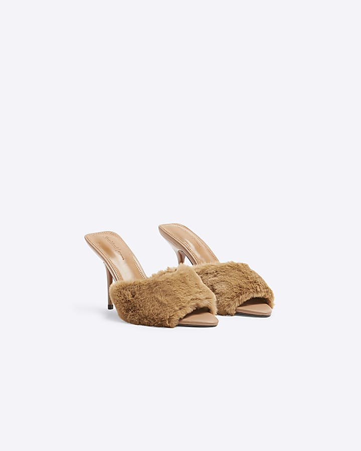 Beige Faux Fur Heeled Mules