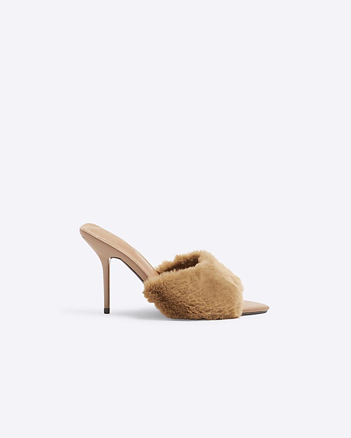Beige Faux Fur Heeled Mules