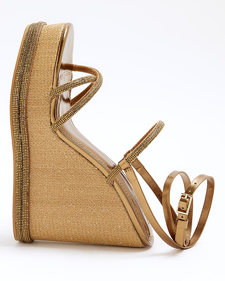 Gold diamante strap wedge heeled sandals