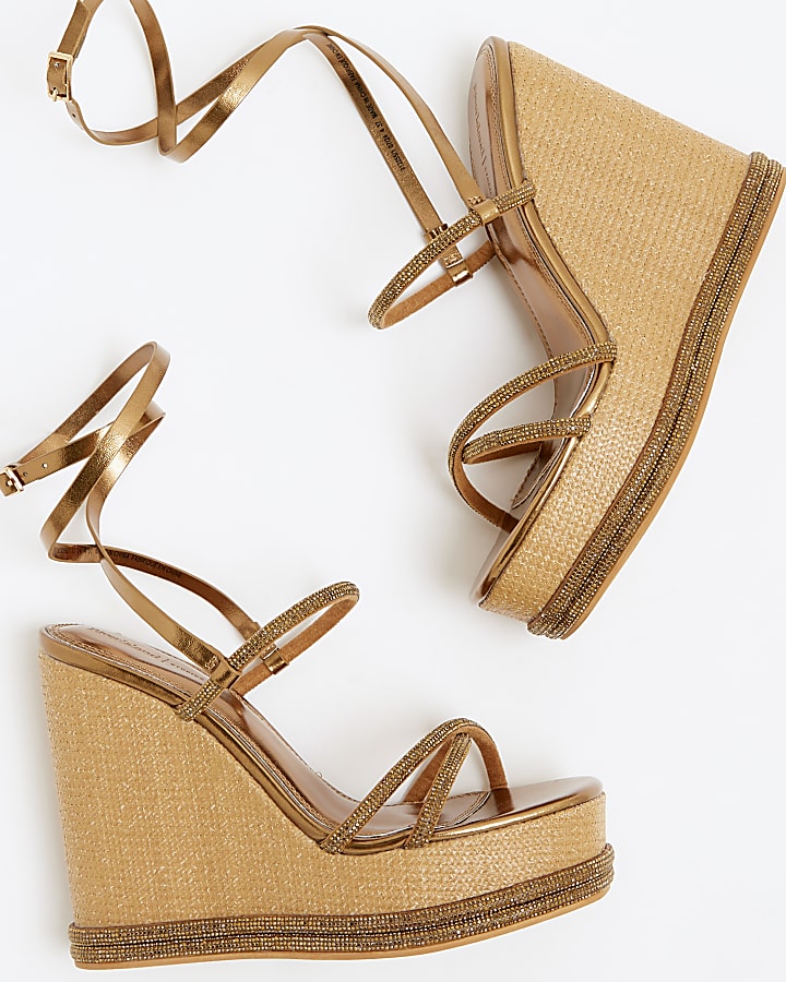 Gold diamante strap wedge heeled sandals