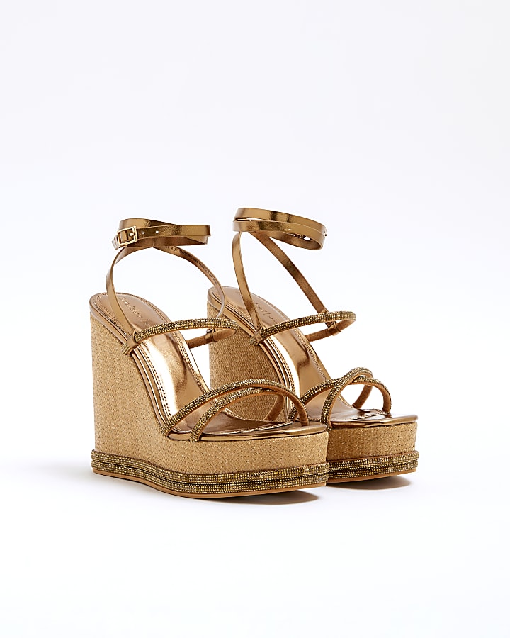 Gold diamante strap wedge heeled sandals