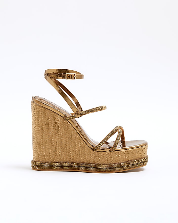 Gold diamante strap wedge heeled sandals River Island