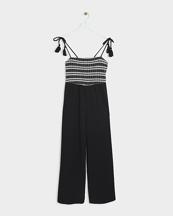 Black crochet tie strap jumpsuit