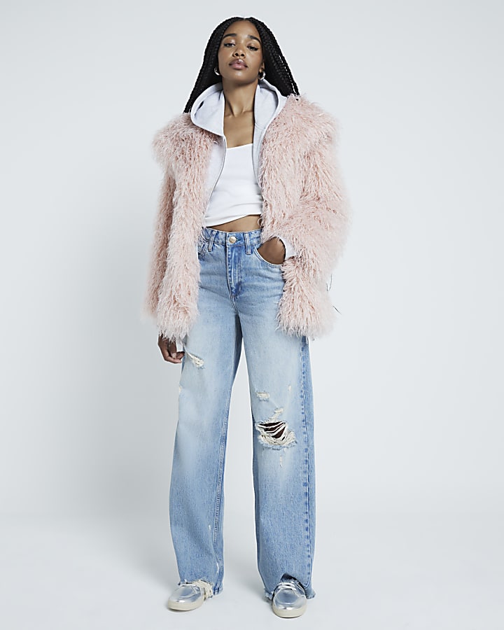 Pink oversized faux fur jacket River Island