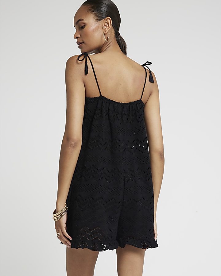 Black crochet frill playsuit