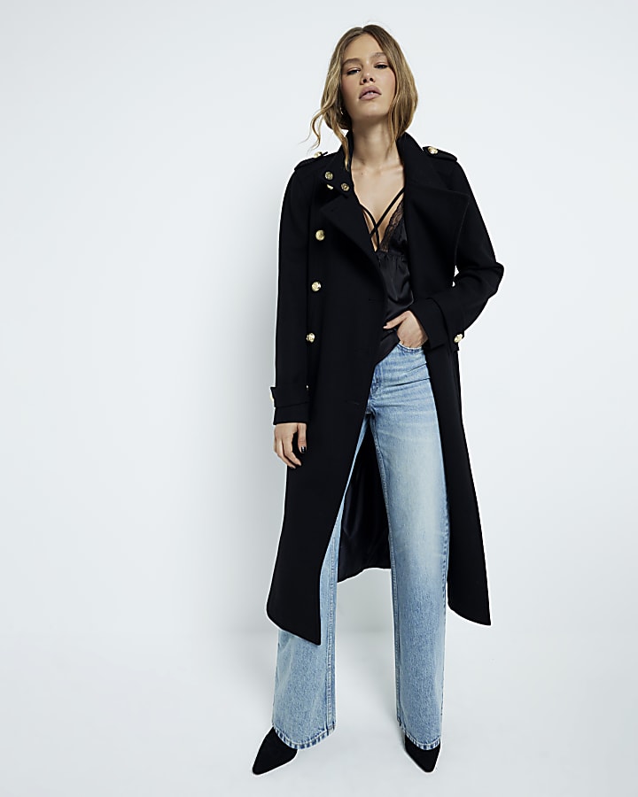 Black belted long coat best sale