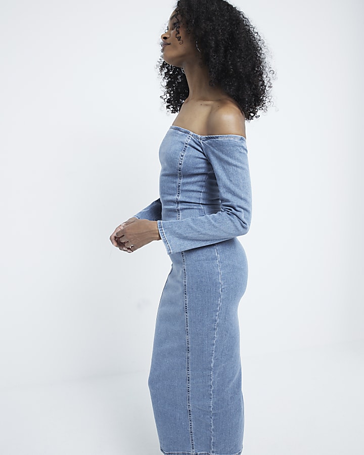 Blue denim bardot long sleeve midi dress