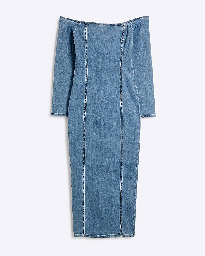 Blue denim bardot long sleeve midi dress