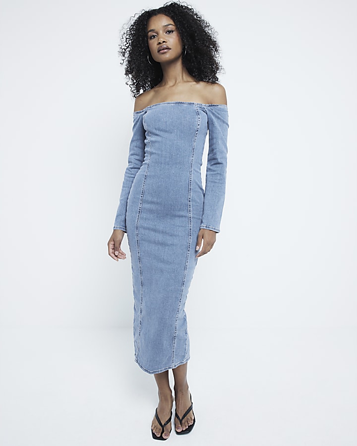 Blue denim bardot long sleeve midi dress