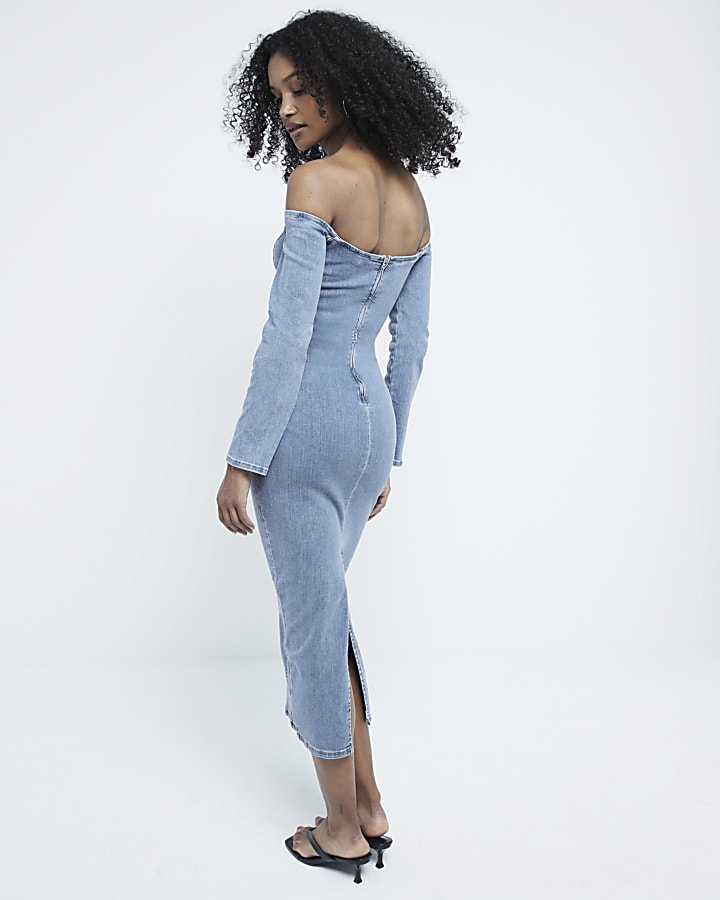 Blue denim bardot long sleeve midi dress