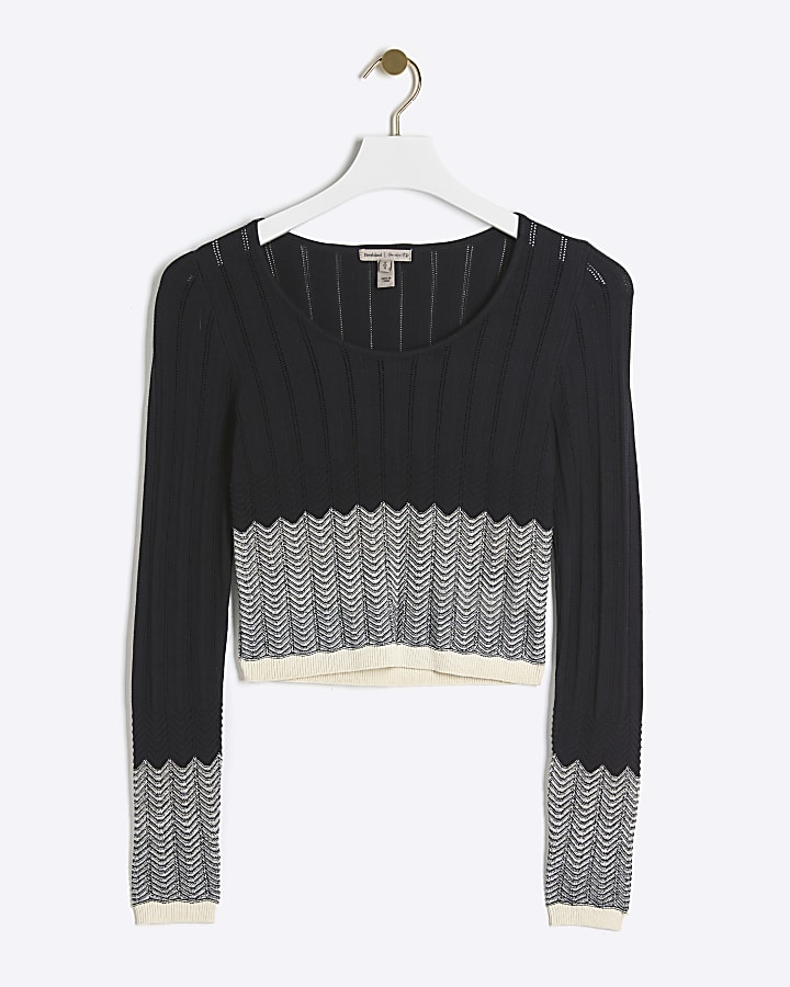 Black chevron knit long sleeve top