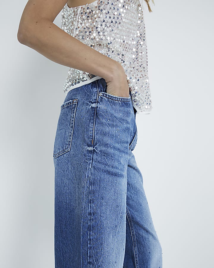 Blue High Rise Embellished Straight Leg Jeans