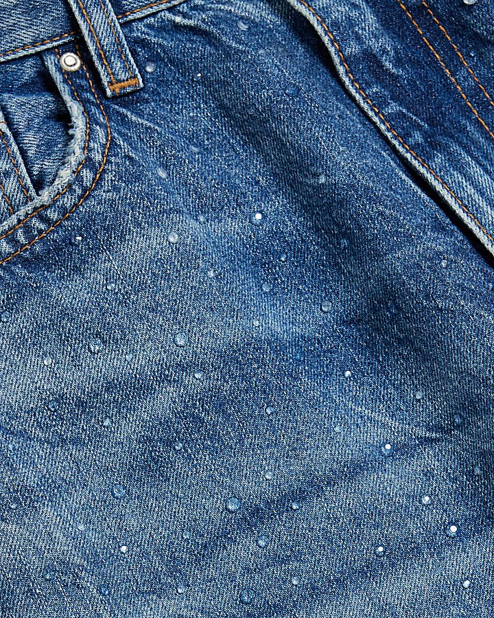 Blue High Rise Embellished Straight Leg Jeans