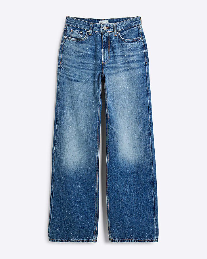 Blue High Rise Embellished Straight Leg Jeans